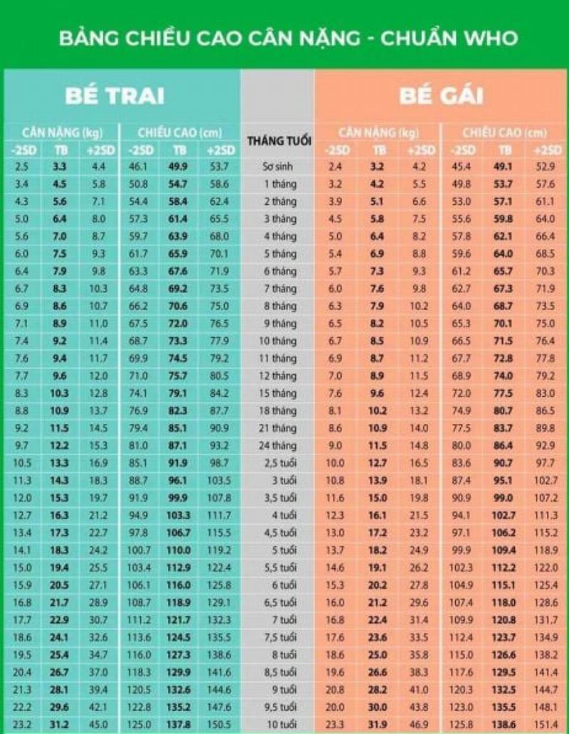 Biểu đồ tăng trưởng chiều cao cân nặng trẻ theo độ tuổi và giới tính với các đường phân vị